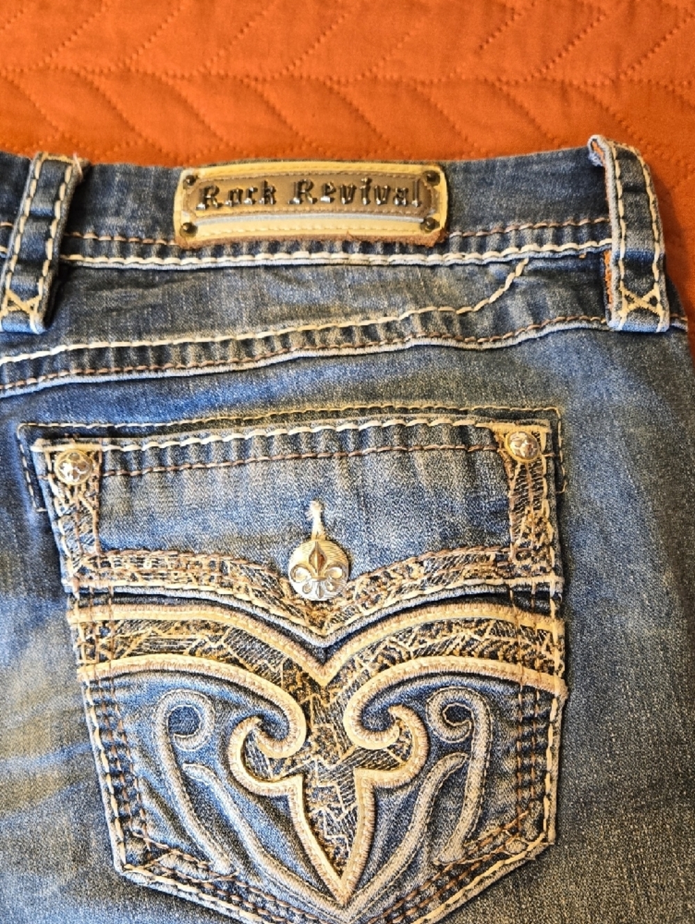 Rock Revival Embroidered Waistband Denim Shorts - Orange Accent - Picture 2 of 4